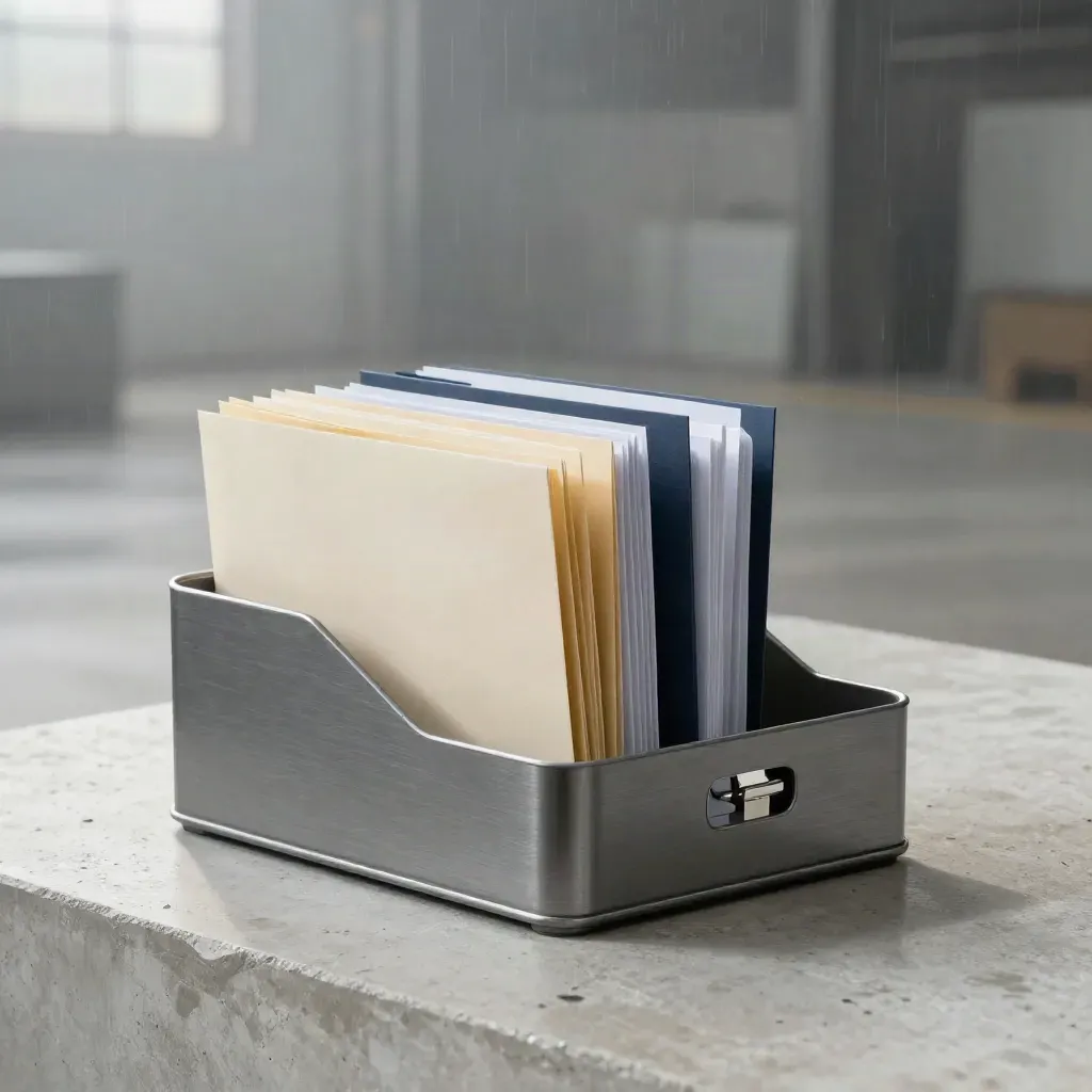 Graphite filing tray with candidate folders, envelopes and clips on damp concrete in soft mist.
